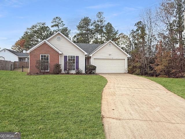 ranch-style home with a front lawn and a garage