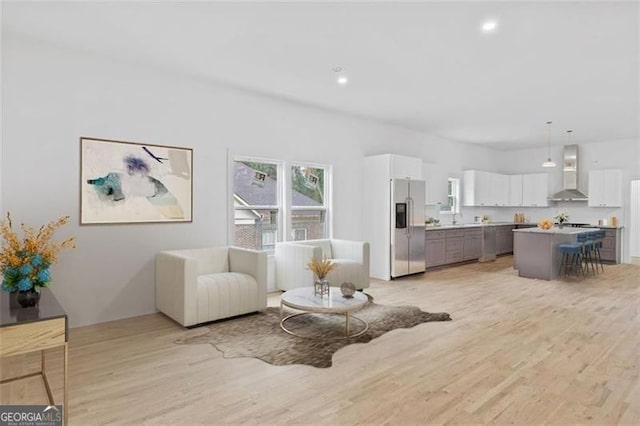 living room with light hardwood / wood-style floors and sink