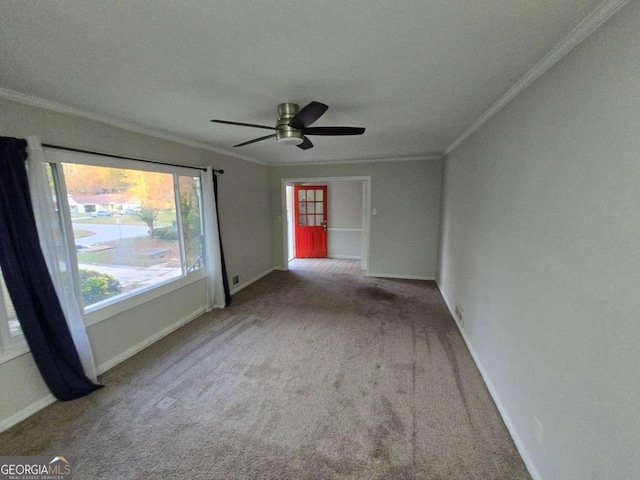 unfurnished room featuring ceiling fan, ornamental molding, and carpet floors