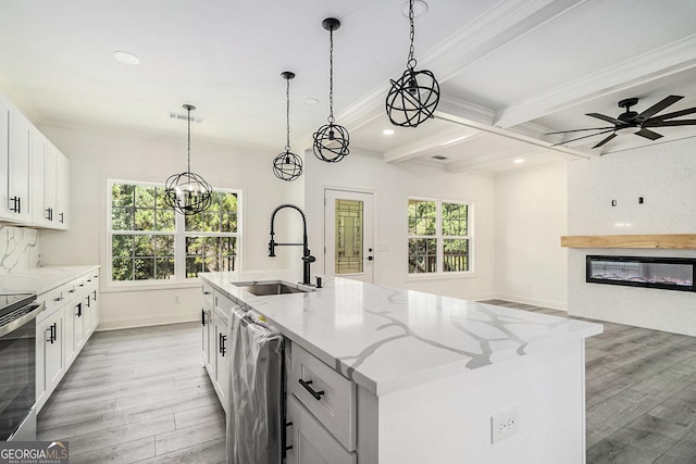 kitchen featuring ceiling fan with notable chandelier, stainless steel appliances, sink, a center island with sink, and light hardwood / wood-style floors