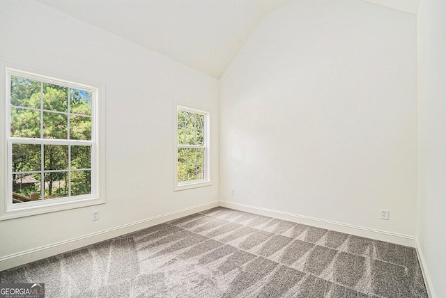 carpeted empty room with vaulted ceiling and a healthy amount of sunlight