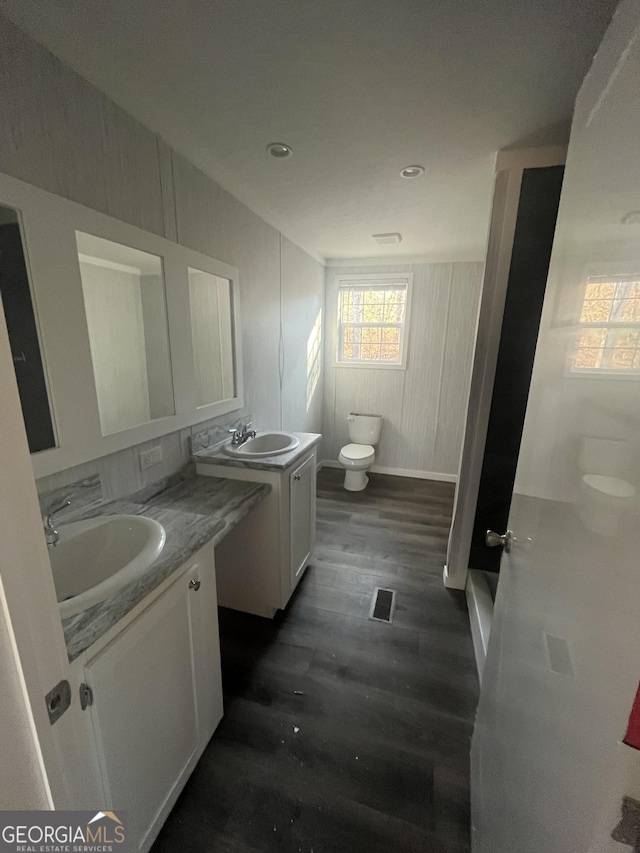 bathroom with vanity, toilet, and wood-type flooring