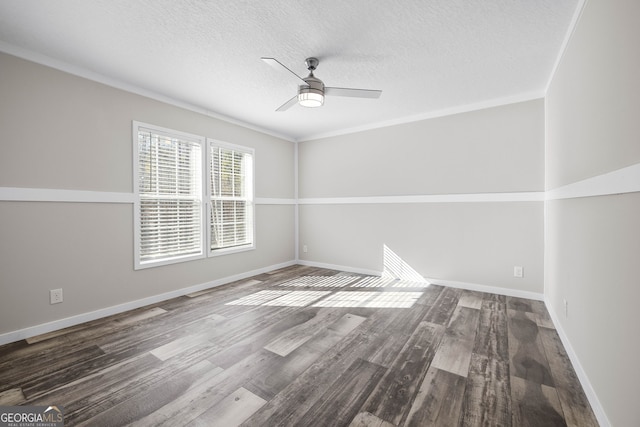 unfurnished room with ceiling fan, ornamental molding, a textured ceiling, and hardwood / wood-style flooring