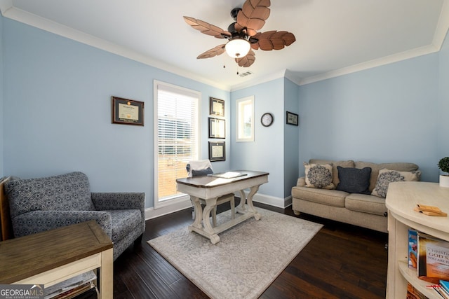 1560 Tapestry Rdg, Lawrenceville, GA 30045 - living room featuring ornamental molding, a ceiling fan, and dark wood-style floors