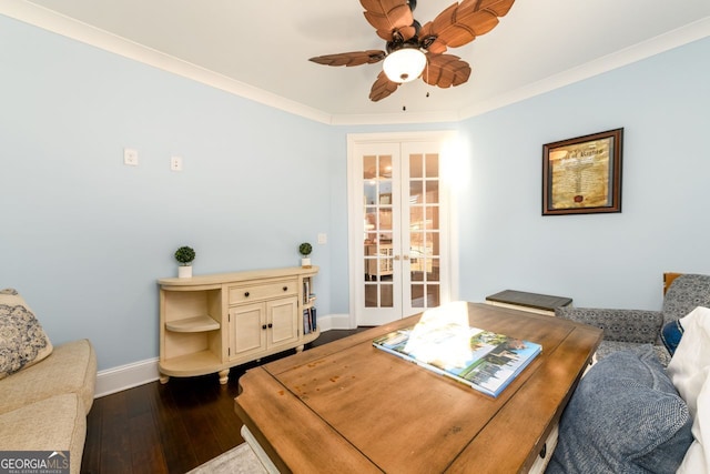 1560 Tapestry Rdg, Lawrenceville, GA 30045 - office area with french doors, dark wood-style flooring, ceiling fan, and crown molding