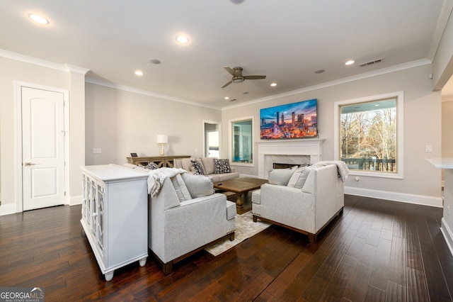 1560 Tapestry Rdg, Lawrenceville, GA 30045 - living room featuring a premium fireplace, ceiling fan, dark wood finished floors, ornamental molding, and recessed lighting