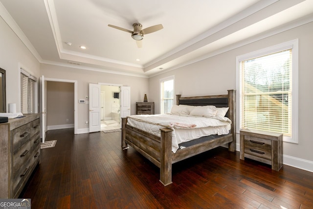 1560 Tapestry Rdg, Lawrenceville, GA 30045 - bedroom with a tray ceiling, dark wood-style flooring, recessed lighting, ornamental molding, and ceiling fan