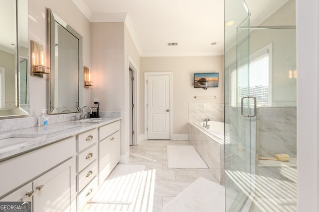 1560 Tapestry Rdg, Lawrenceville, GA 30045 - full bathroom featuring a bath, double vanity, marble finish flooring, a marble finish shower, and crown molding