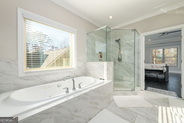 1560 Tapestry Rdg, Lawrenceville, GA 30045 - bathroom featuring a garden tub, a marble finish shower, and recessed lighting