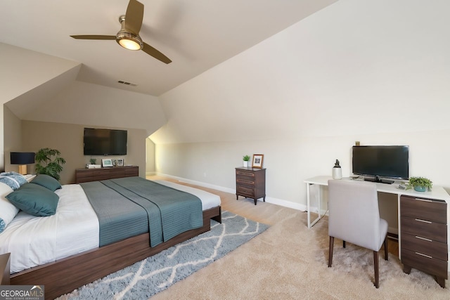 1560 Tapestry Rdg, Lawrenceville, GA 30045 - bedroom with light carpet, lofted ceiling, and ceiling fan