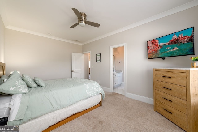 1560 Tapestry Rdg, Lawrenceville, GA 30045 - bedroom with crown molding, light colored carpet, ceiling fan, and ensuite bath
