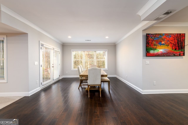 1560 Tapestry Rdg, Lawrenceville, GA 30045 - dining area featuring dark wood-style flooring, crown molding, and recessed lighting