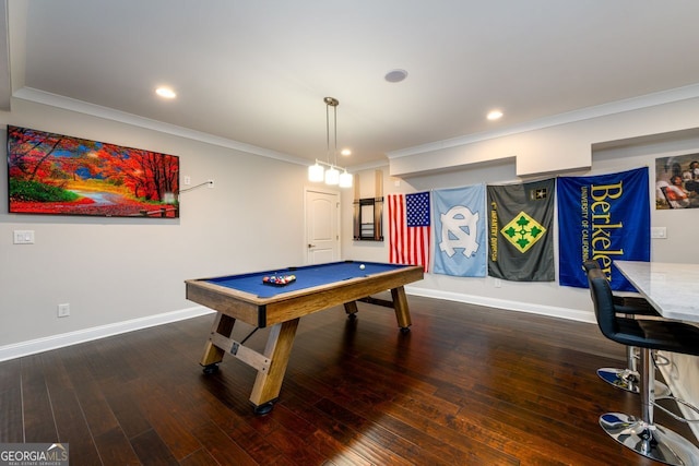 1560 Tapestry Rdg, Lawrenceville, GA 30045 - rec room with billiards table, crown molding, dark wood finished floors, and recessed lighting