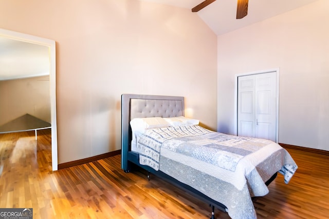 284 Tickanetley Rd, Ellijay, GA 30536 - bedroom with baseboards, high vaulted ceiling, wood finished floors, and ceiling fan