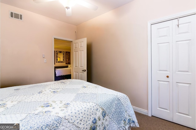 284 Tickanetley Rd, Ellijay, GA 30536 - carpeted bedroom featuring a closet, ceiling fan, and baseboards