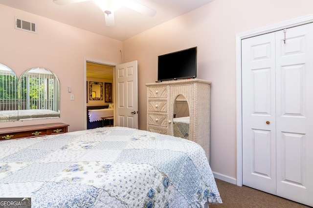 bedroom featuring visible vents, baseboards, carpet floors, a closet, and a ceiling fan