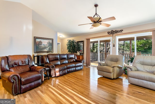284 Tickanetley Rd, Ellijay, GA 30536 - living area featuring light wood-style flooring, ceiling fan, and vaulted ceiling
