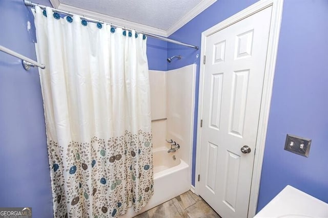 bathroom with shower / tub combo, crown molding, and a textured ceiling