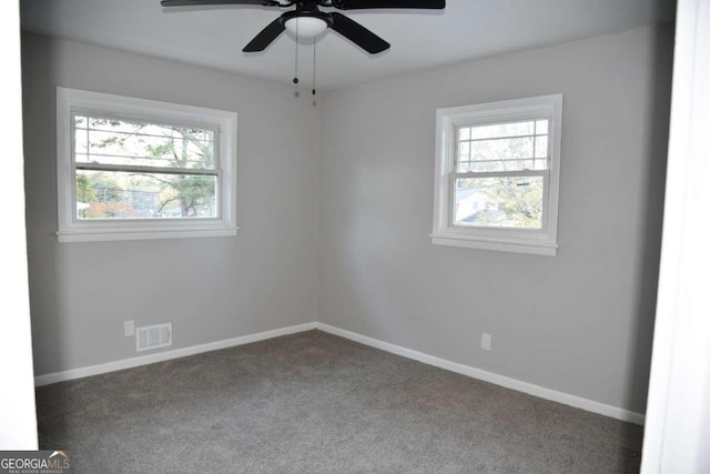 carpeted spare room featuring ceiling fan and a wealth of natural light