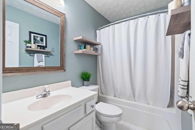 full bathroom with vanity, shower / bath combo, a textured ceiling, and toilet