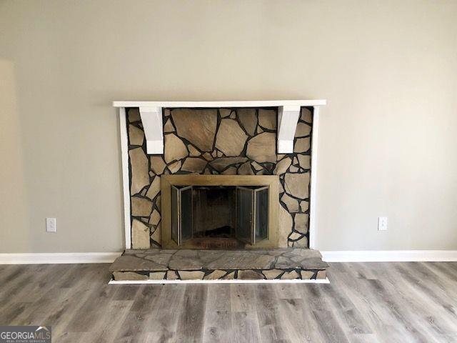 room details with a fireplace and hardwood / wood-style floors