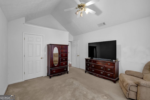 sitting room featuring light carpet, ceiling fan, and high vaulted ceiling