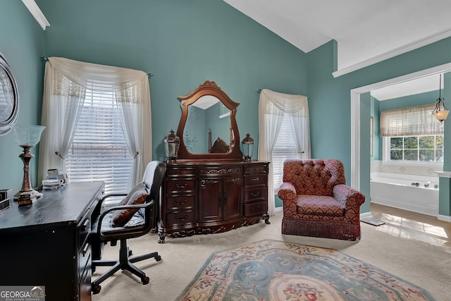 carpeted office featuring vaulted ceiling