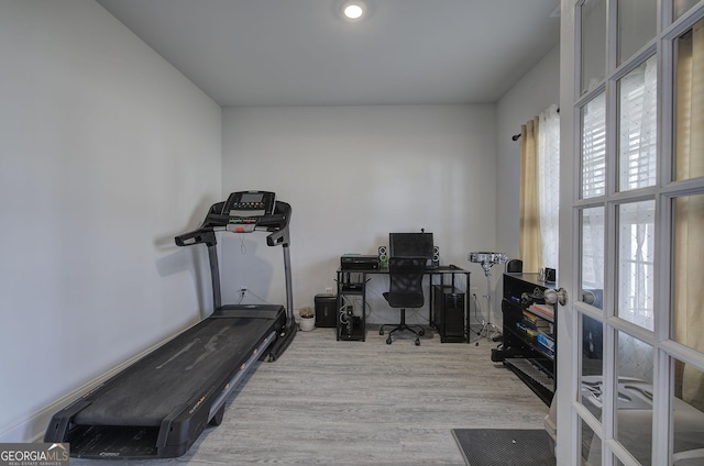 office with light hardwood / wood-style floors and french doors