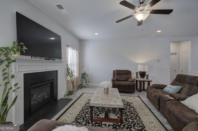 living room with ceiling fan