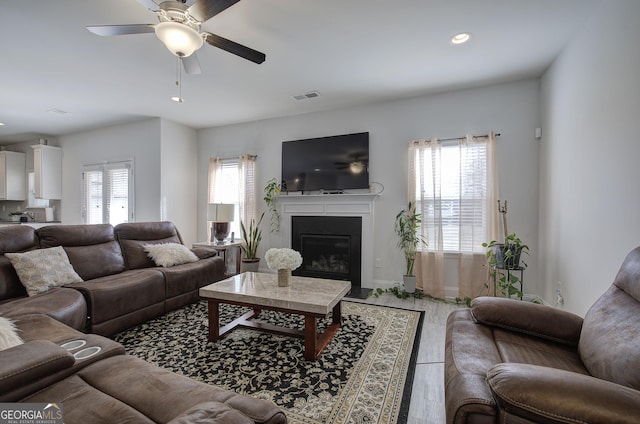 living room featuring a wealth of natural light and ceiling fan