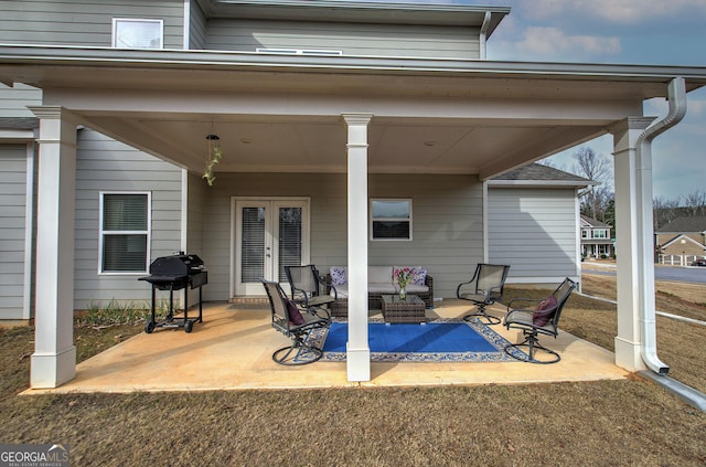 view of patio / terrace with a grill, an outdoor hangout area, and french doors