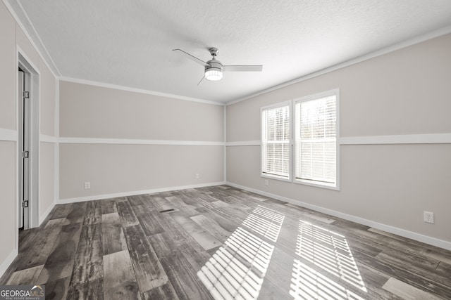 unfurnished room with hardwood / wood-style flooring, ceiling fan, ornamental molding, and a textured ceiling