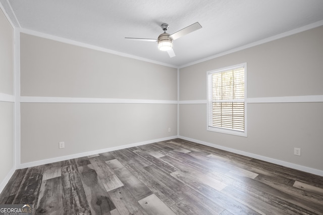 empty room with hardwood / wood-style flooring, ceiling fan, and ornamental molding