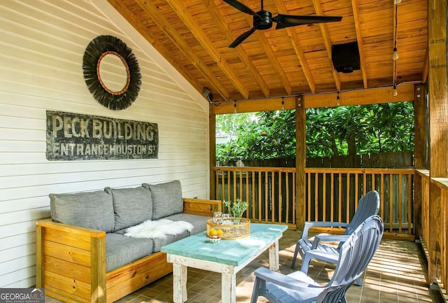 exterior space with an outdoor hangout area and ceiling fan