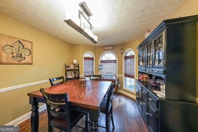 dining room with dark hardwood / wood-style floors and a textured ceiling