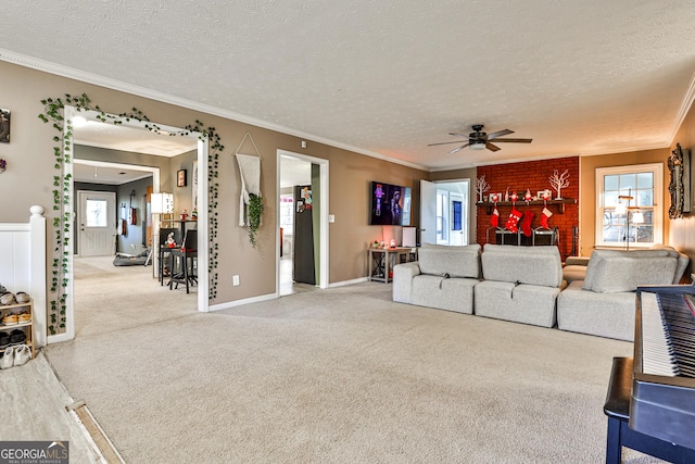 unfurnished living room with light carpet, a textured ceiling, and ornamental molding