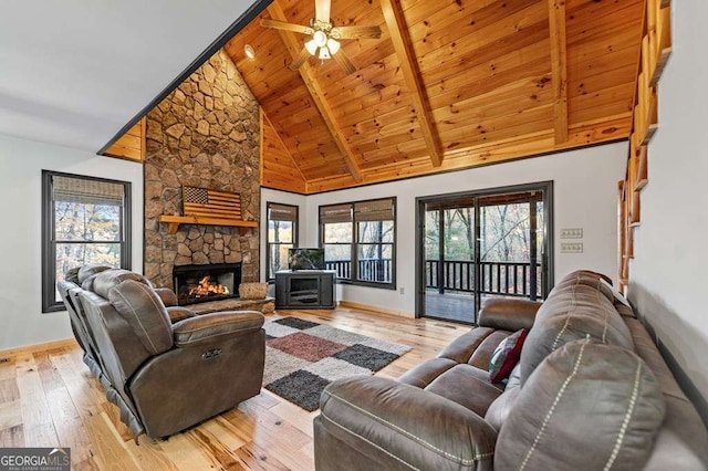 living room with wooden ceiling, light hardwood / wood-style flooring, and a wealth of natural light