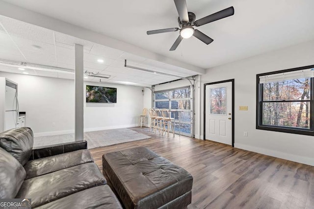 living room with hardwood / wood-style floors and ceiling fan
