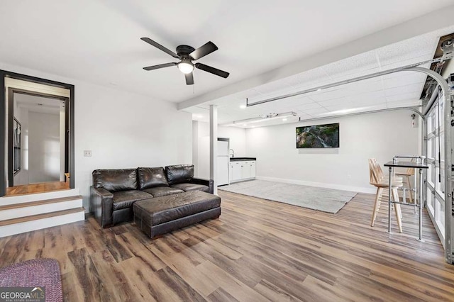 living room featuring hardwood / wood-style floors and ceiling fan