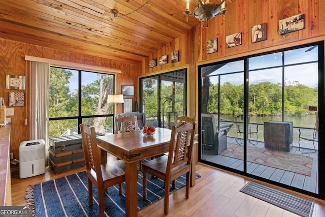 dining area with a water view, light hardwood / wood-style flooring, a wealth of natural light, and vaulted ceiling