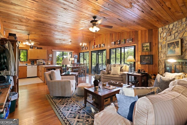 living room featuring lofted ceiling, ceiling fan with notable chandelier, wooden walls, light hardwood / wood-style flooring, and wood ceiling