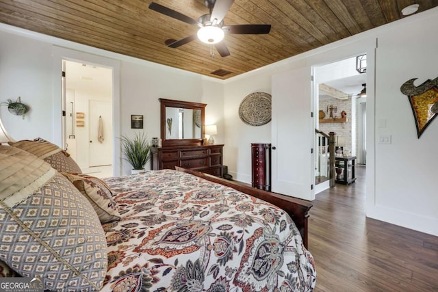 bedroom featuring ensuite bathroom, ceiling fan, wooden ceiling, and dark wood-type flooring