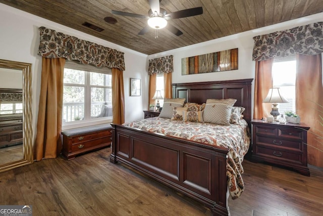 bedroom featuring ceiling fan, dark hardwood / wood-style floors, wooden ceiling, and ornamental molding