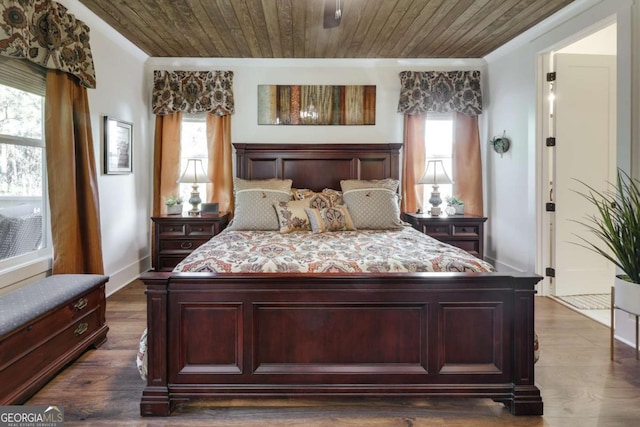 bedroom with wood-type flooring and wood ceiling