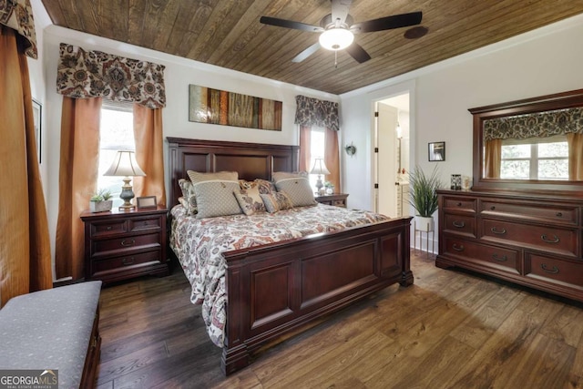 bedroom featuring ensuite bath, ceiling fan, crown molding, wooden ceiling, and dark hardwood / wood-style floors