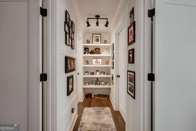 hallway with dark wood-type flooring and ornamental molding