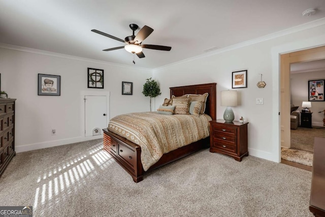 bedroom featuring light carpet, ceiling fan, and ornamental molding