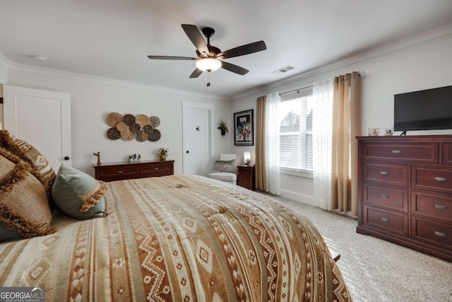 bedroom featuring light colored carpet, ceiling fan, and ornamental molding