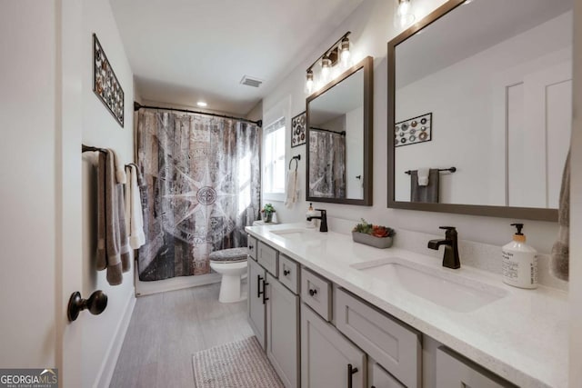 bathroom featuring hardwood / wood-style floors, vanity, and toilet