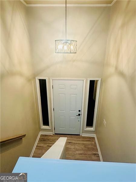 foyer featuring hardwood / wood-style floors and ornamental molding